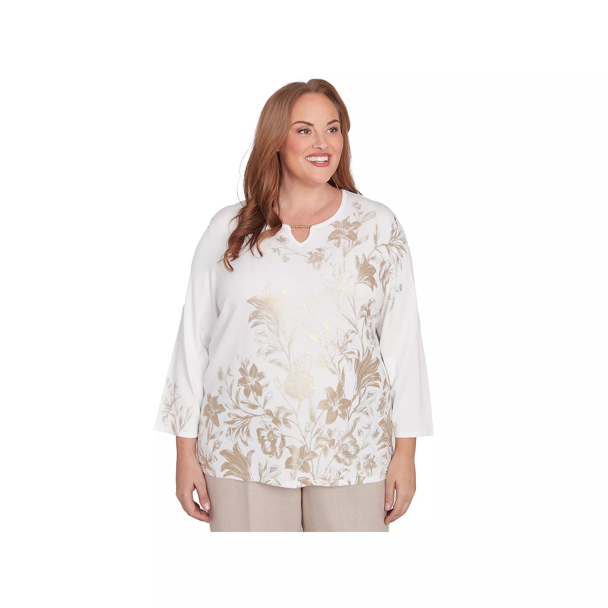 Plus Size Alfred Dunner Splitneck Botanical Gold Foil Print Top, Women's, Size: 2XL, Neutral Team Product Image
