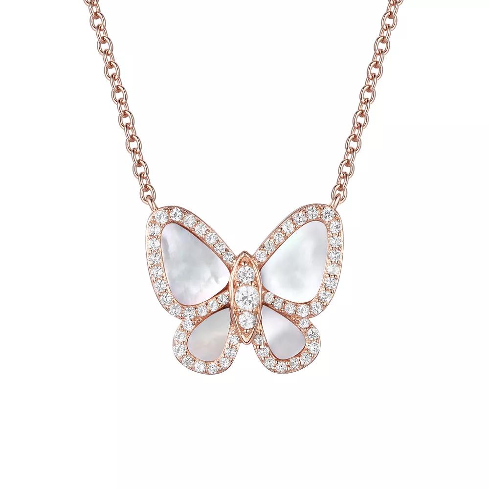 14k Rose Gold Over Silver Mother-Of-Pearl & Lab-Created White Sapphire Butterfly Pendant Necklace, Women's, Size: 17", Pink Tone Product Image