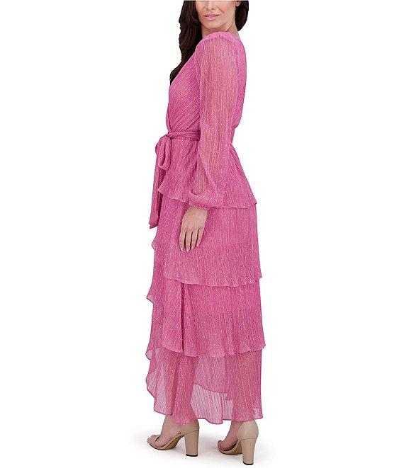 Kensie Shimmer Knit V-Neck Long Sleeve Tie Waist Ruffle Skirt A-Line Maxi Dress Product Image