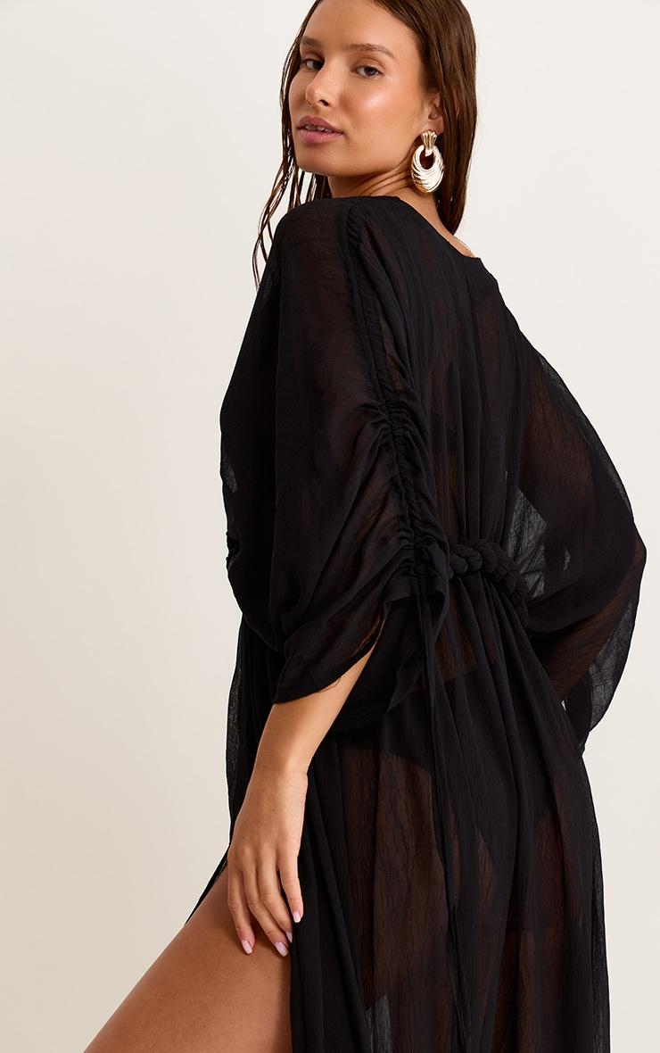 Black Textured Chiffon Twist Boho Beach Dress Product Image