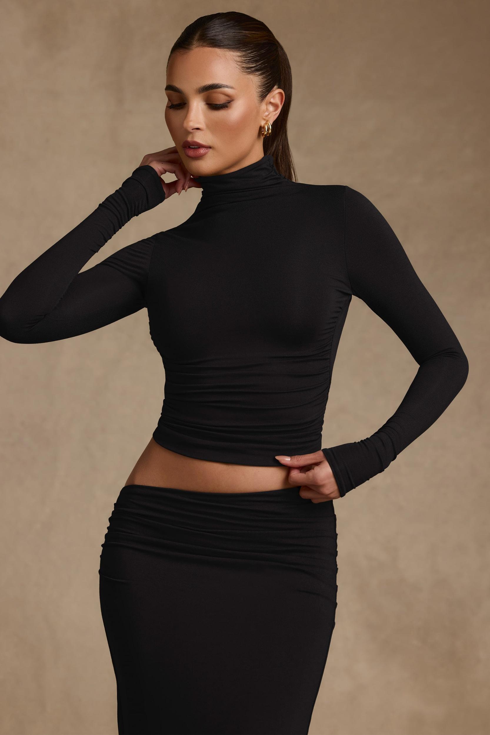 Modal Ruched Backless Turtleneck Top in Black Product Image