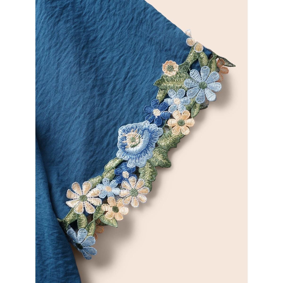 Plus Size Floral Embroidered Heart Neckline Gathered Dress Aegean Women Elegant Woven ribbon&lace trim Heart neckline Short sleeve Curvy BloomChic 26/4X Product Image