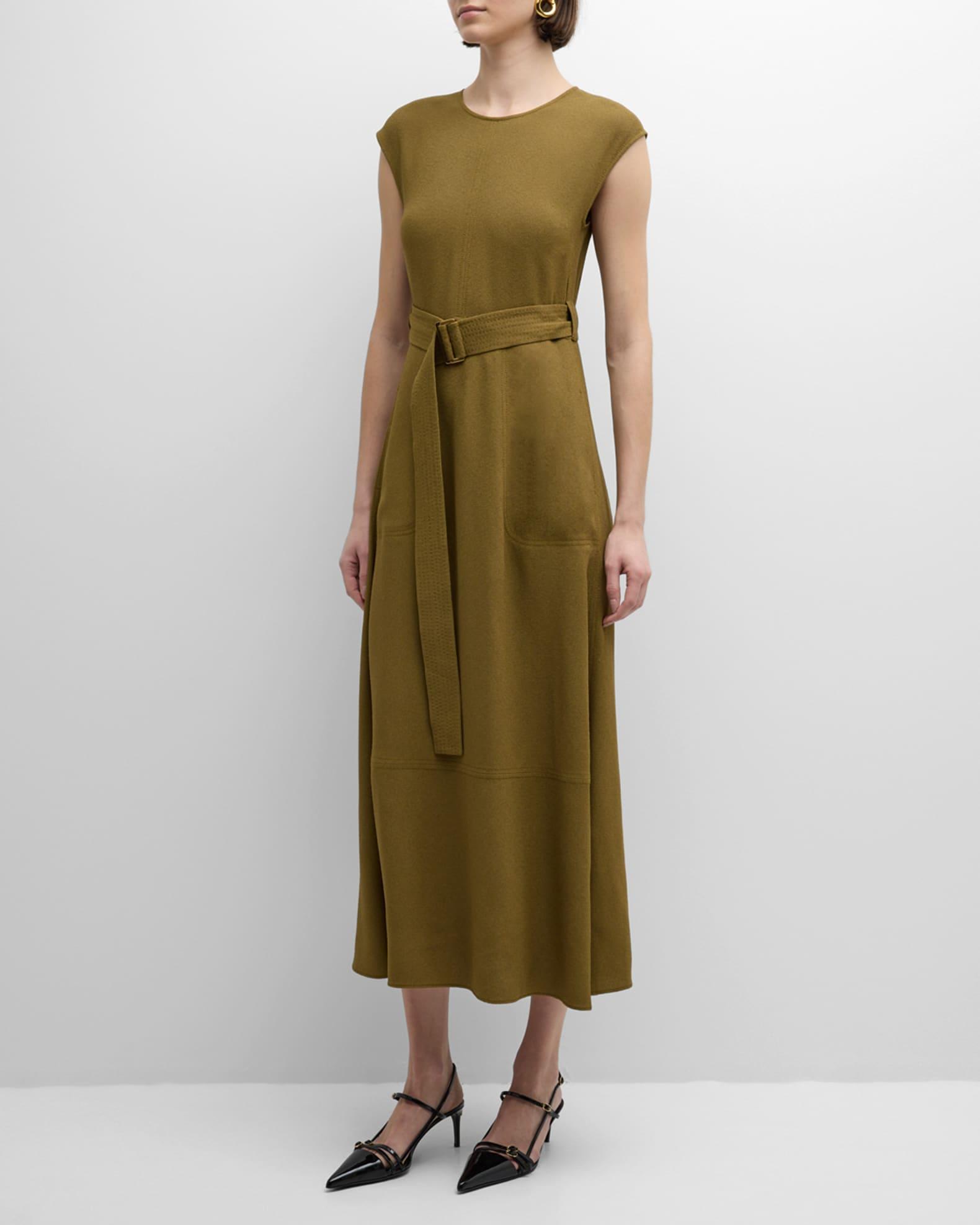 Cap-Sleeve Belted Textured Crepe Midi Dress Product Image