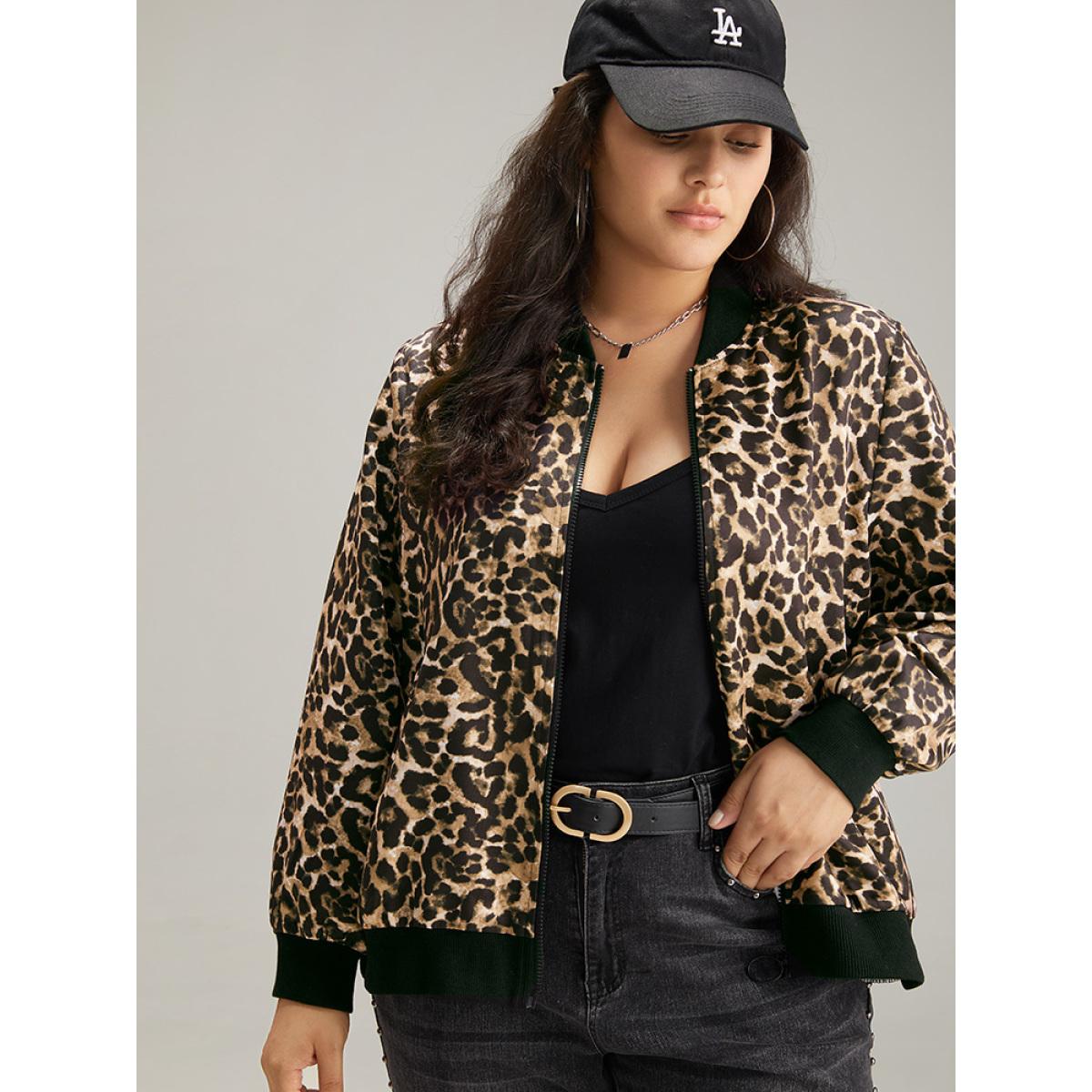 Plus Size Leopard Patchwork Zipper Pocket Jacket Women Leopard Elastic cuffs Pocket Dailywear Jackets BloomChic 12/L Product Image