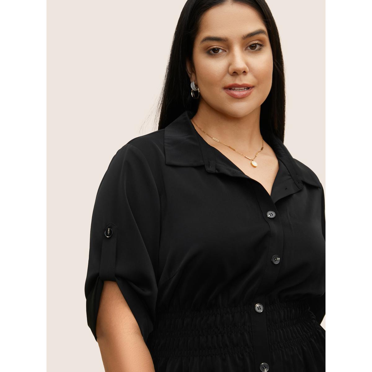 Plus Size Black Shirt Collar Button Cuff Sleeve Blouse Women Office Half Sleeve Shirt collar Office Blouses BloomChic 26/4X Product Image