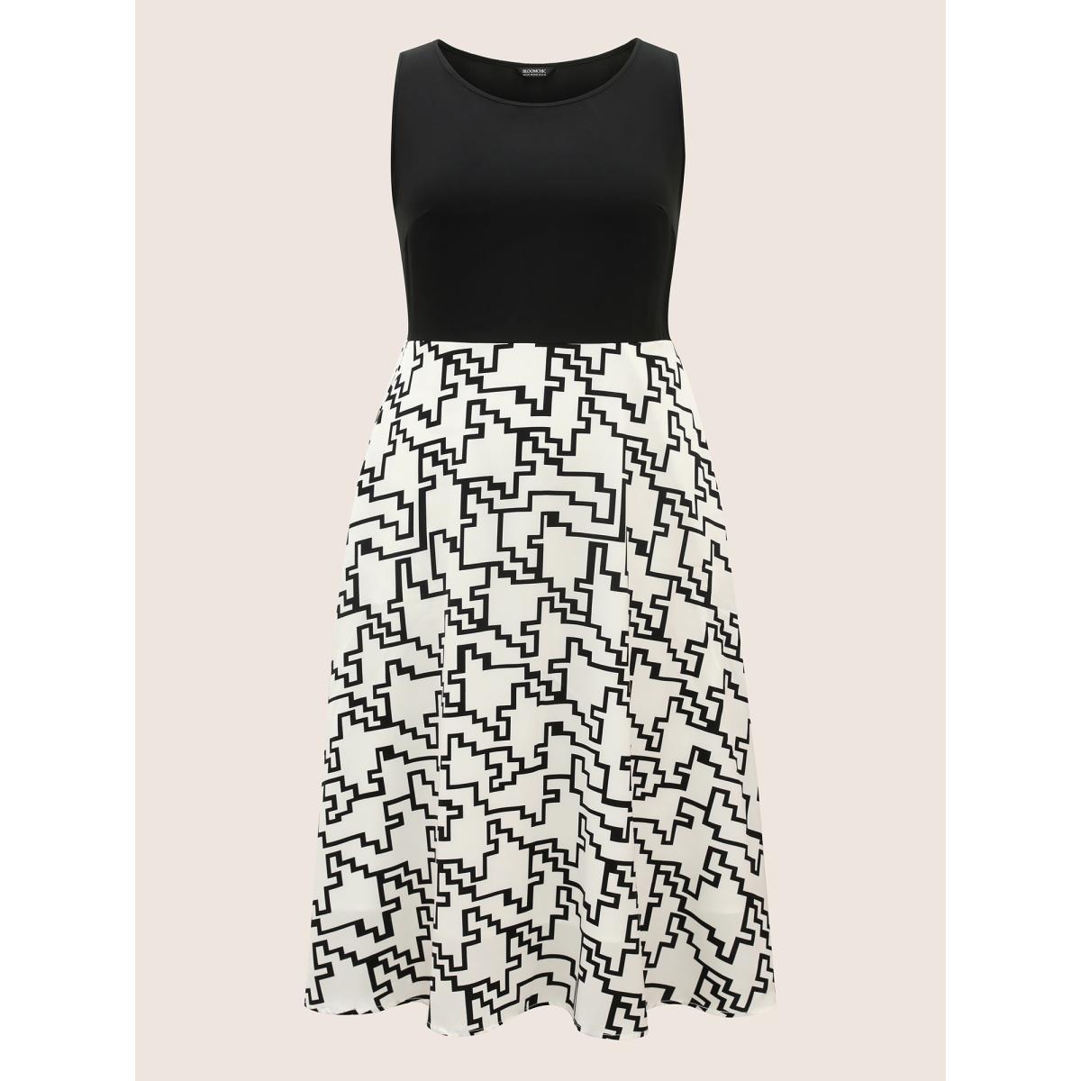 Plus Size Geometric Patchwork Crew Neck Tank Dress Black Women At the Office Contrast Round Neck Sleeveless Curvy BloomChic 12/L Product Image