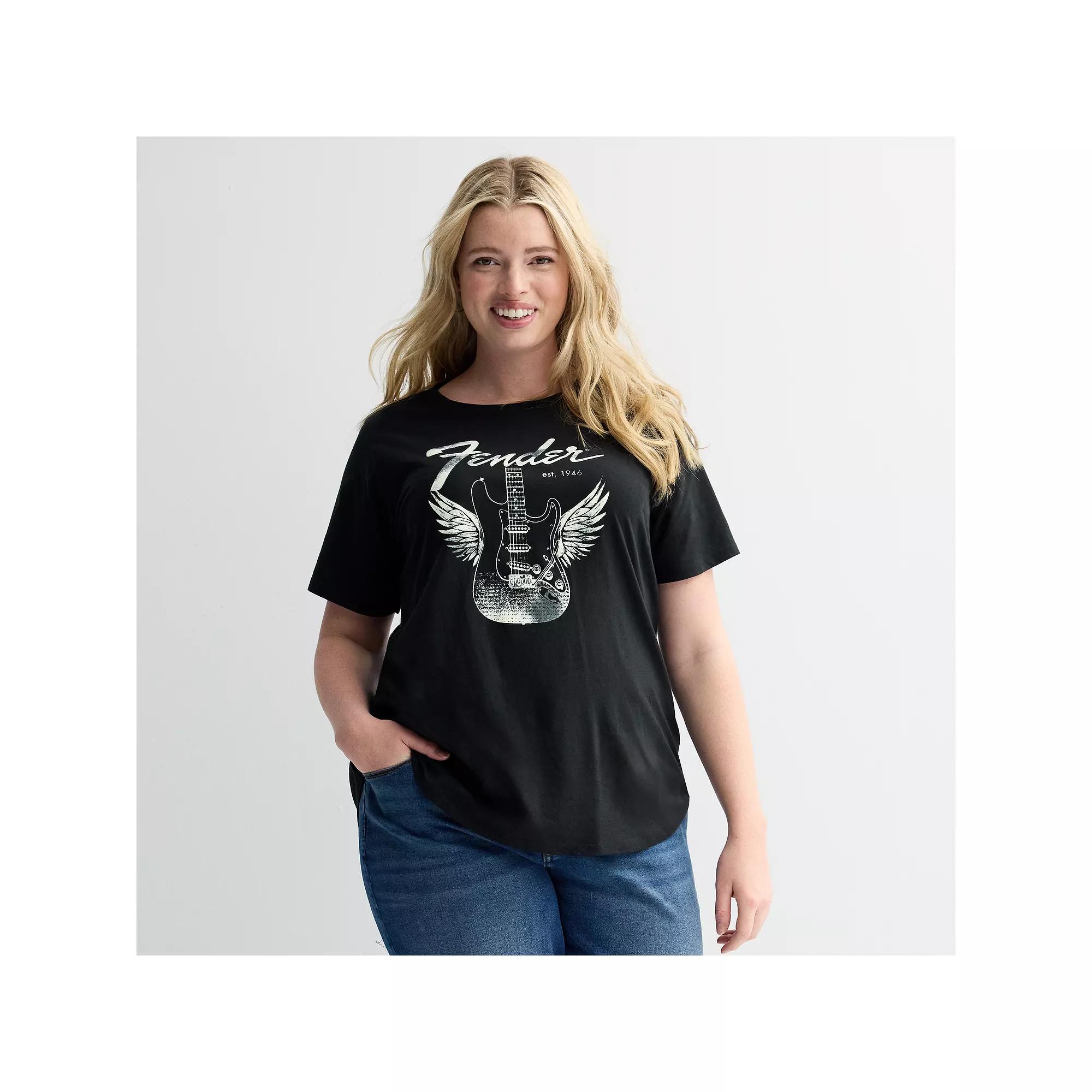 Plus Size Fender Guitar With Wings Graphic Tee, Women's, Size: 1XL, Black Product Image