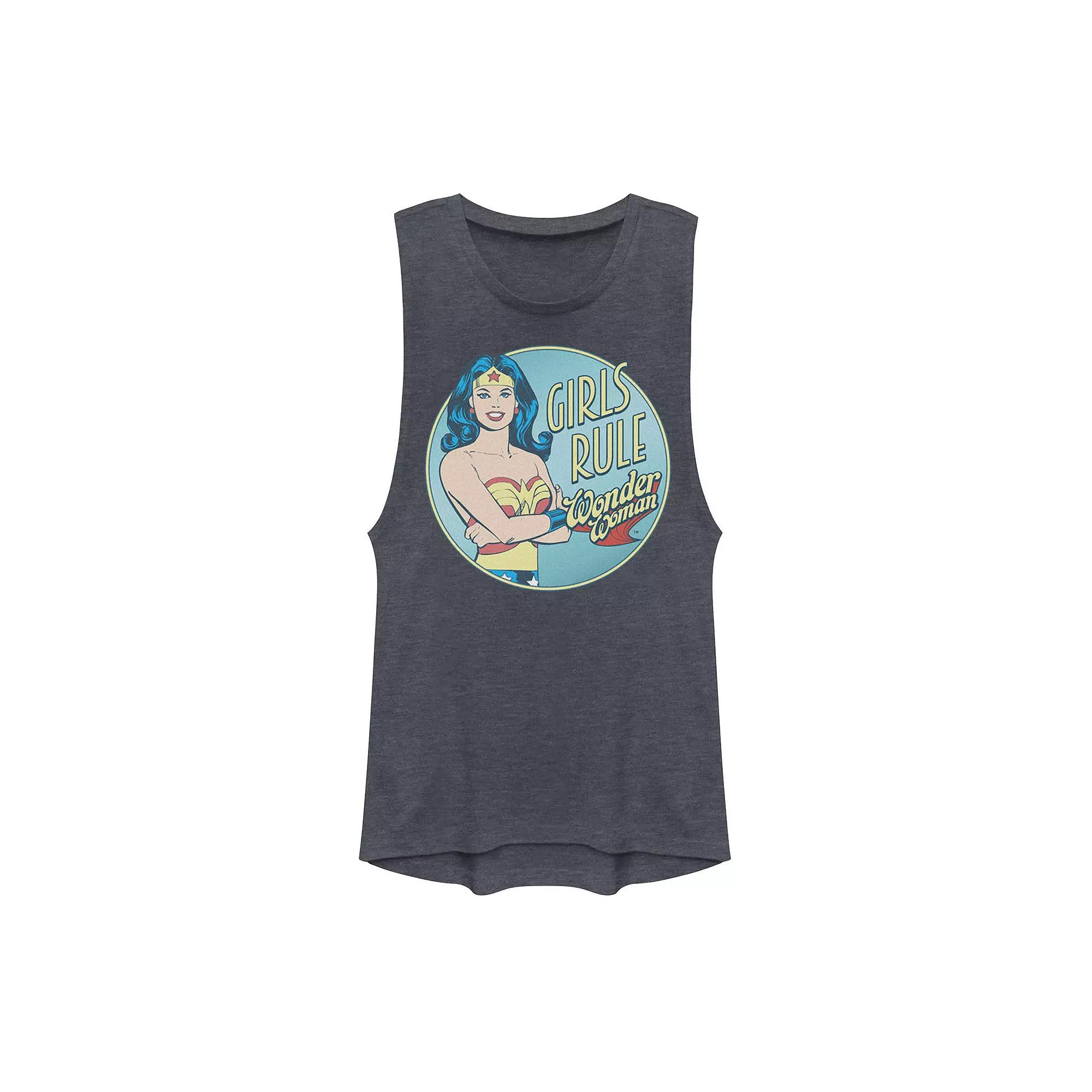 Juniors DC Comics Wonder Woman Girls Rule Muscle Tank Top, Girls Denim Grey Product Image