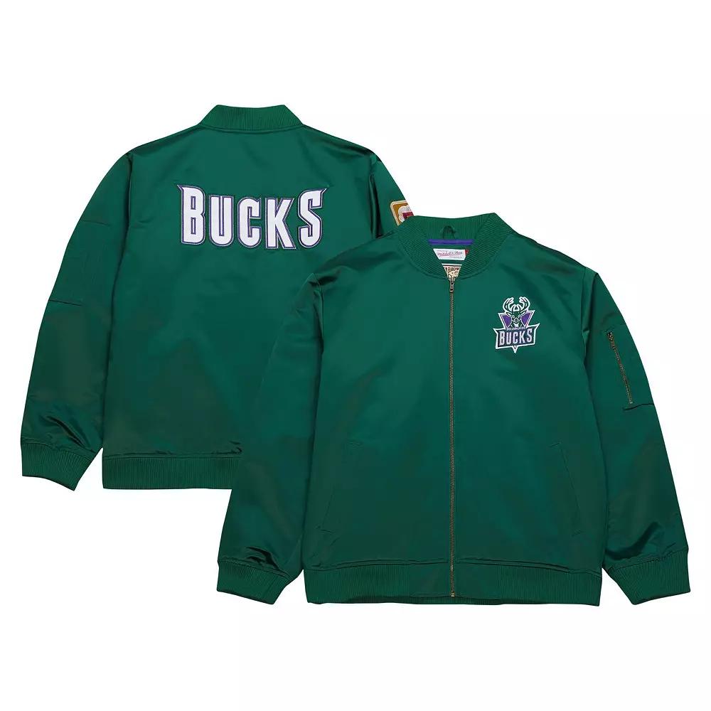 Men's Mitchell & Ness Green Milwaukee Bucks Hardwood Classics Vintage Logo Full-Zip Bomber Jacket,  Product Image