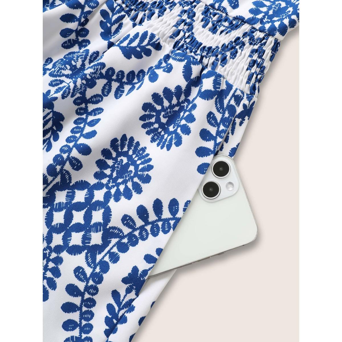 Plus Size Bandana Print Shirred Split Side Maxi Dress Mediumblue Women Resort Shirred V-neck Short sleeve Curvy BloomChic 12/L Product Image