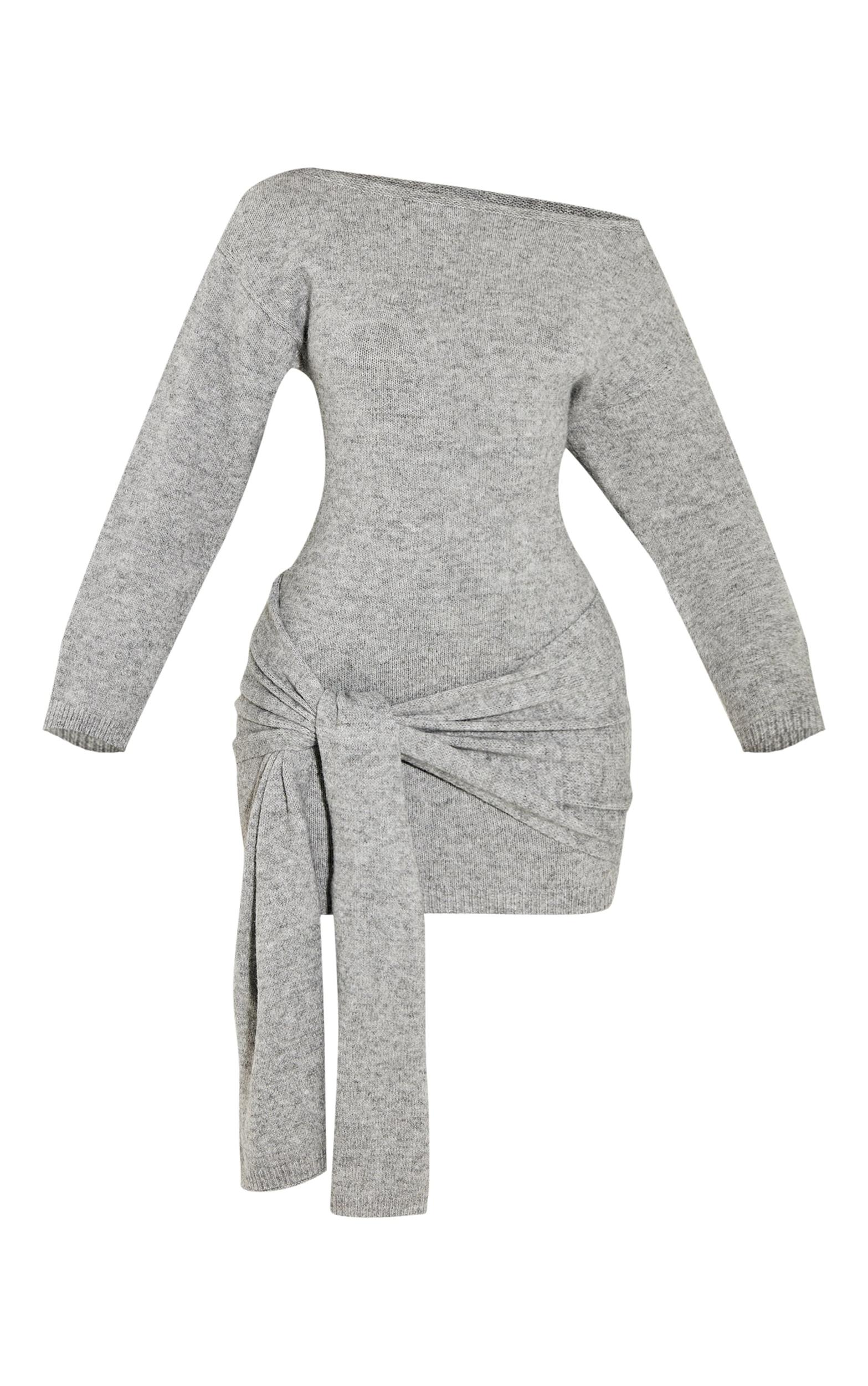 Petite Grey Knit Slouchy Mini Dress With Tie Wrap Around Product Image