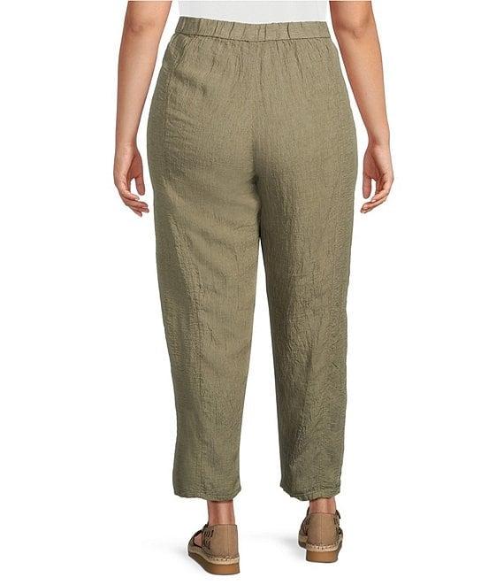 Eileen Fisher Plus Puckered Organic Linen Yarn-Dyed Stripe Elastic Waist Pull-On Pants Product Image