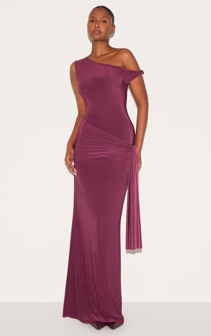 Plum Slinky Off Shoulder Wrap Detail Maxi Dress Product Image