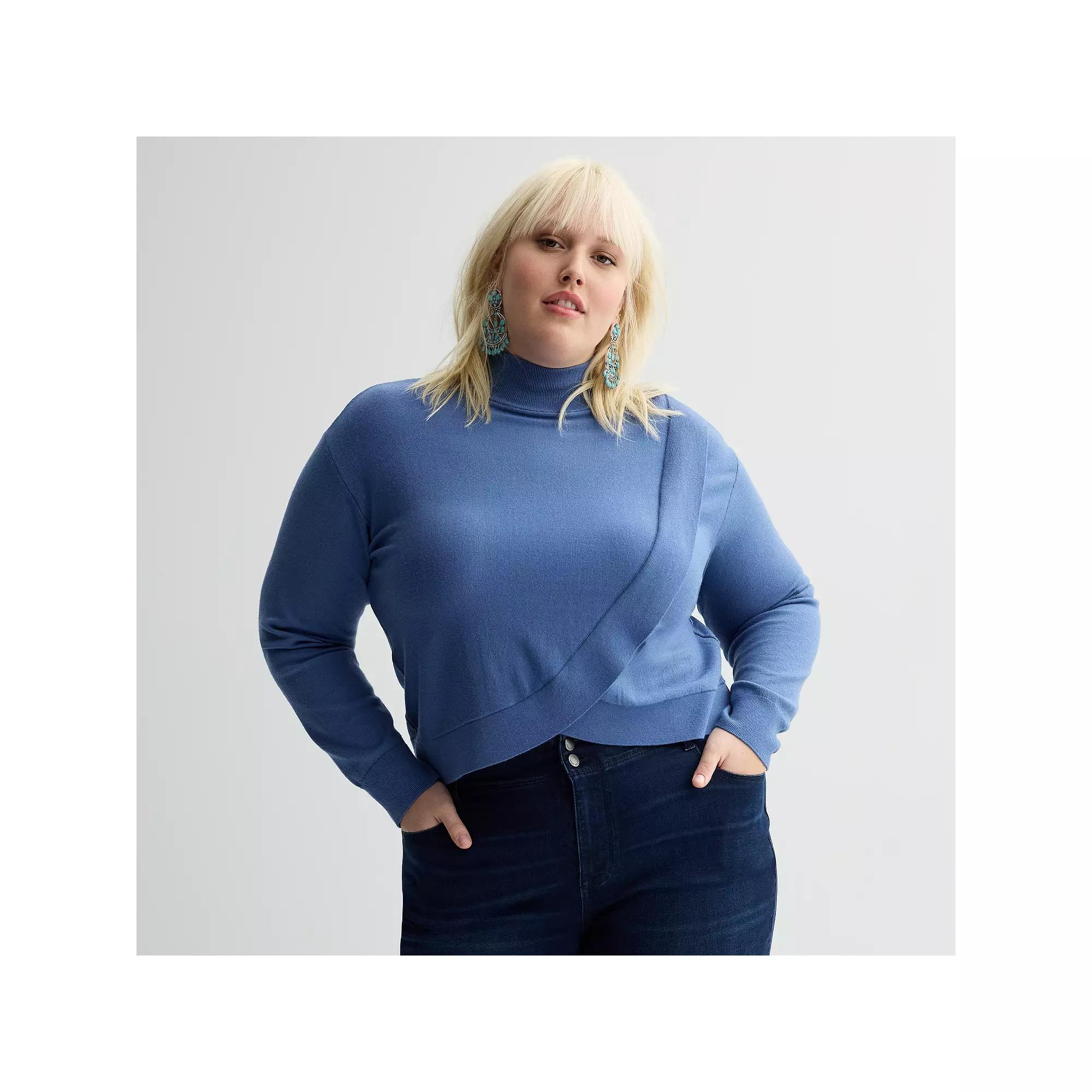 Plus Size INTEMPO™ Mockneck Faux Wrap Pullover Sweater, Women's, Size: 0X, Blue Product Image