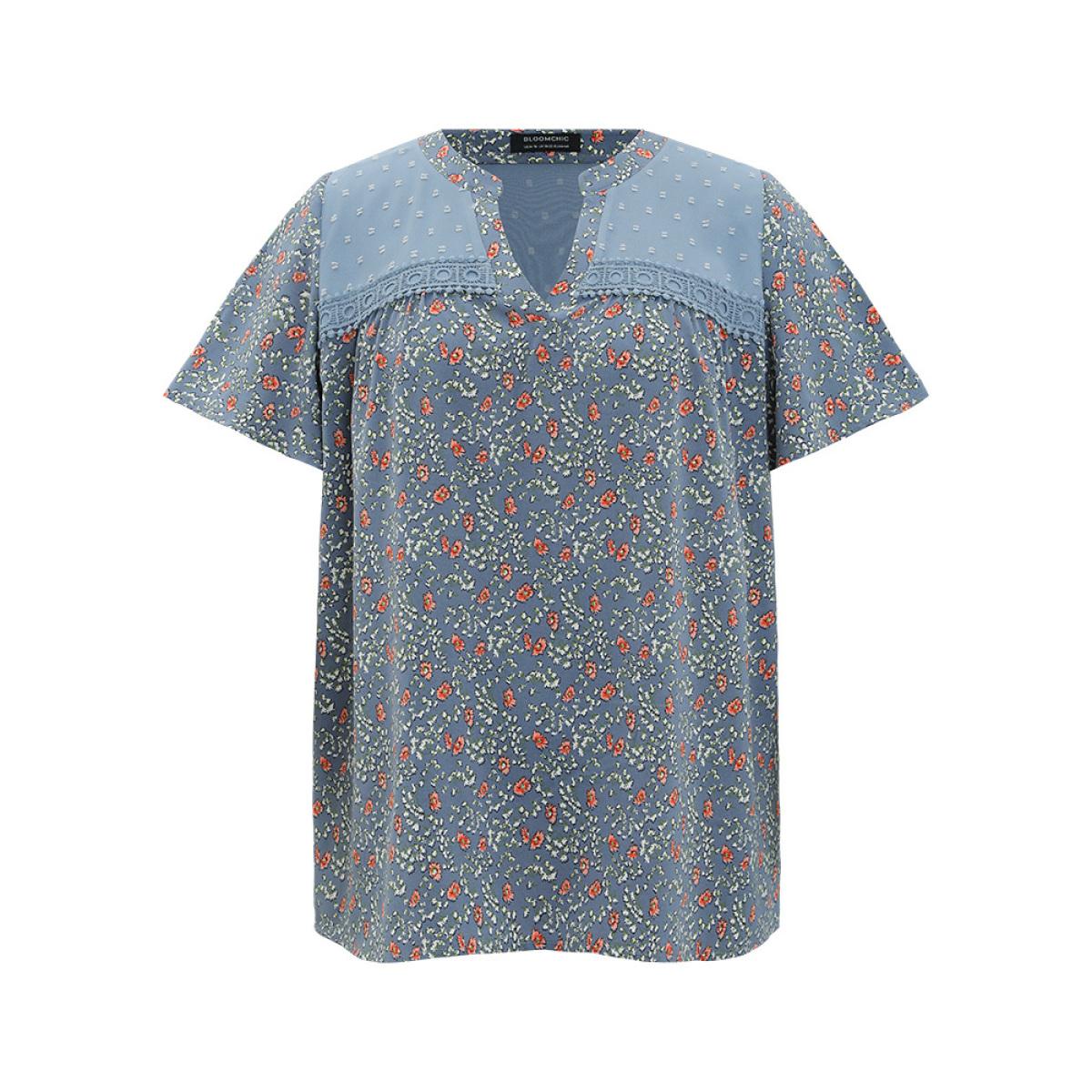 Plus Size Stone Ditsy Floral & Polka Dot Lace Notched Neck Blouse Women Elegant Short sleeve Notched collar Dailywear Blouses BloomChic 10/M Product Image