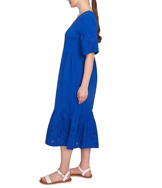 Ruby Rd. Embroidered V-Neck Elbow Sleeve Tiered Hem Midi Dress Product Image