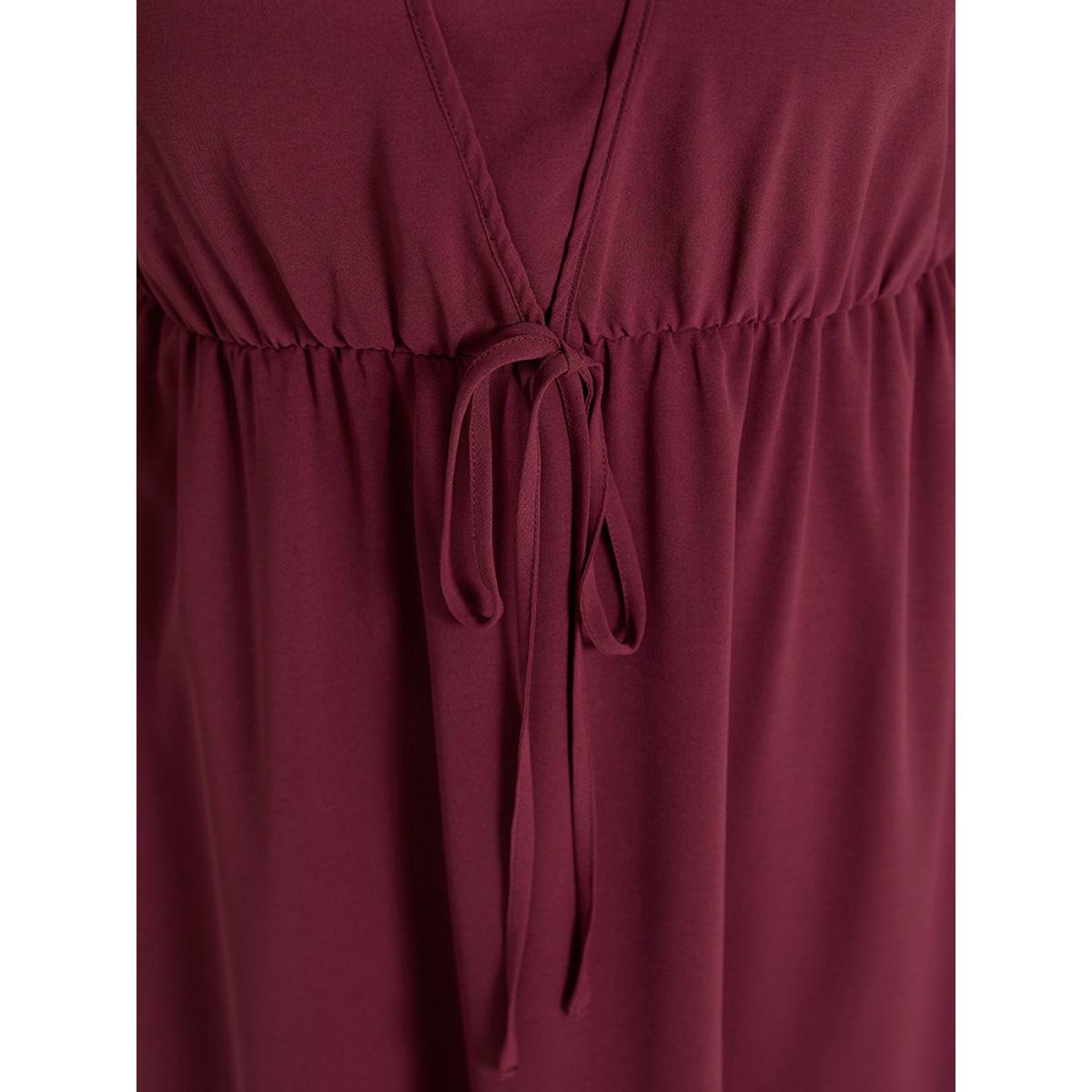 Plus Size Plain Frill Trim Gathered Ties Square Neck Tank Dress Burgundy Women Elegant Plain Square Neck Sleeveless Curvy Midi Dress BloomChic 12/L Product Image
