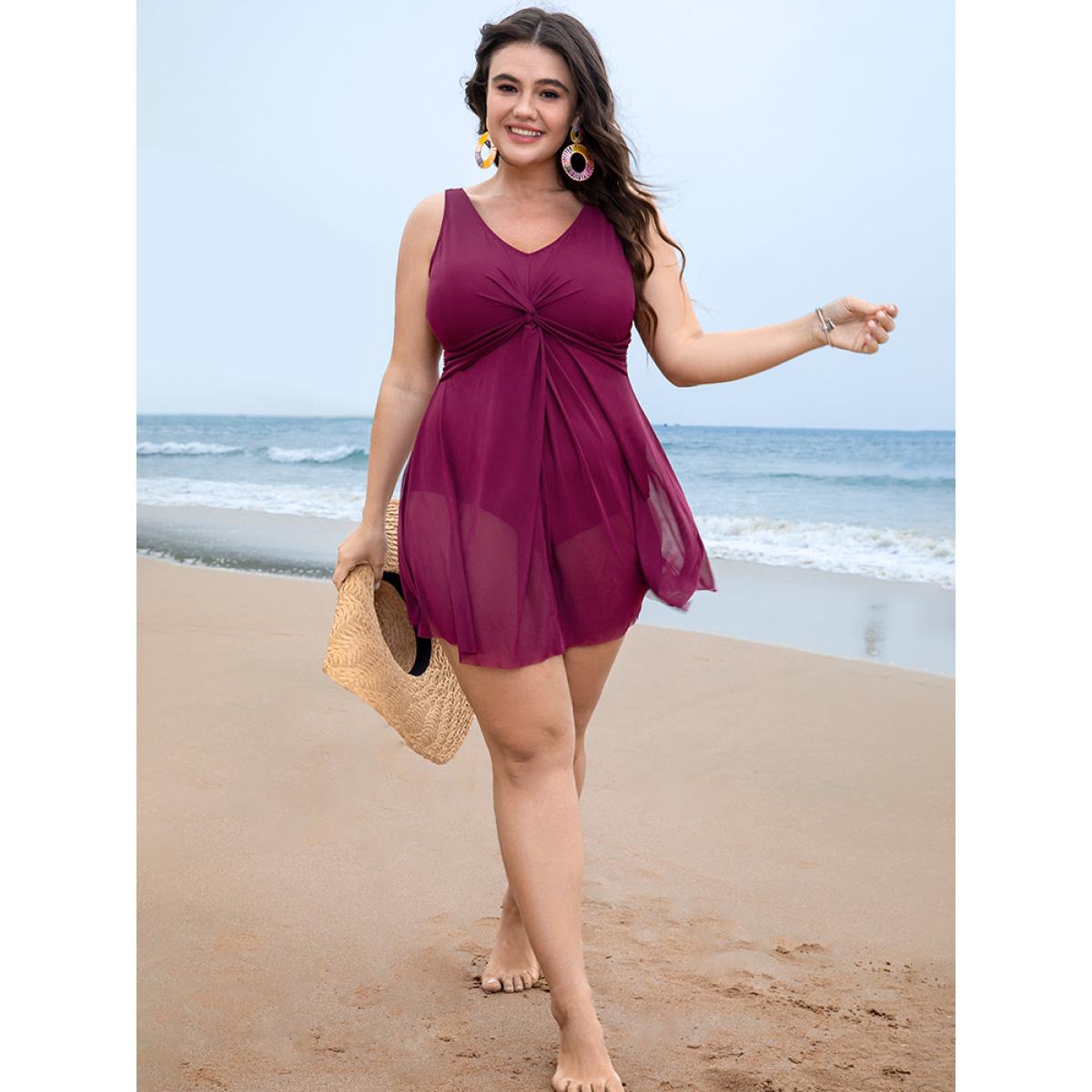 Plus Size Adjustable Straps Mesh Flutter Hem Twist Swim Dress Women's Swimwear RedViolet Vacation Bodycon V-neck High stretch Curve Swim Dresses BloomChic 28/5X Product Image