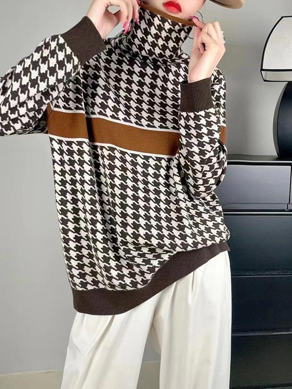 Long Sleeves Loose Contrast Color Houndstooth Split-Joint High Neck Pullovers Sweater Tops Product Image