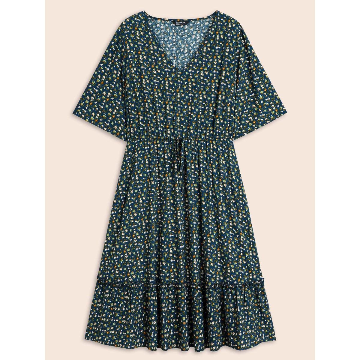 Plus Size Ditsy Floral Frill Trim Tie Knot Dress Aegean Women Elegant Frill Trim V-neck Half Sleeve Curvy BloomChic 28/5X Product Image