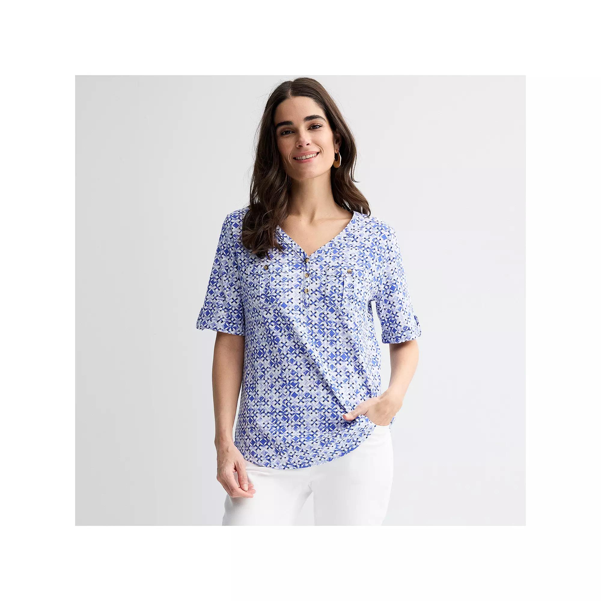 Women's Croft & Barrow® Elbow Sleeve Utility Henley Top, Size: XS, Blue Geo Product Image