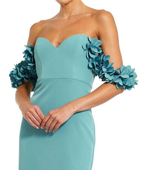 Mac Duggal Crepe Off-The-Shoulder Neck Draped Sleeve 3D Flower Gown Product Image