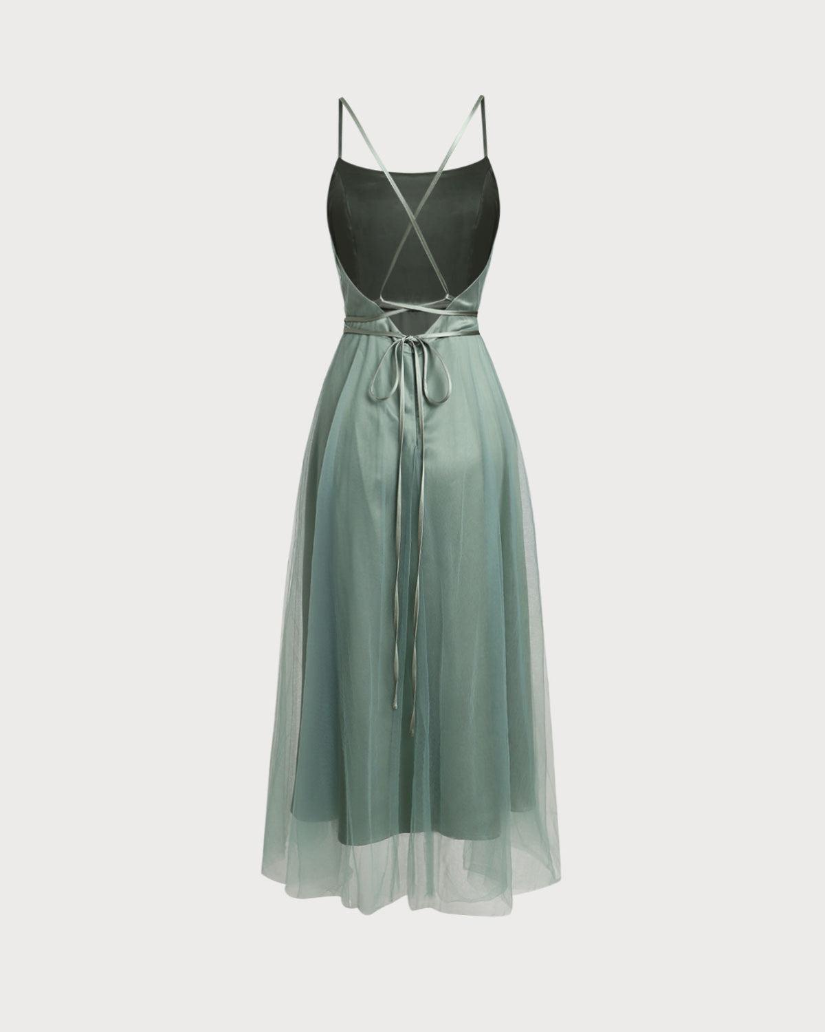 Green Mesh Flowy Slip Midi Dress Product Image