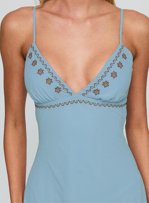 Fleuretta Embroidered Midi Dress Blue / Brown Product Image