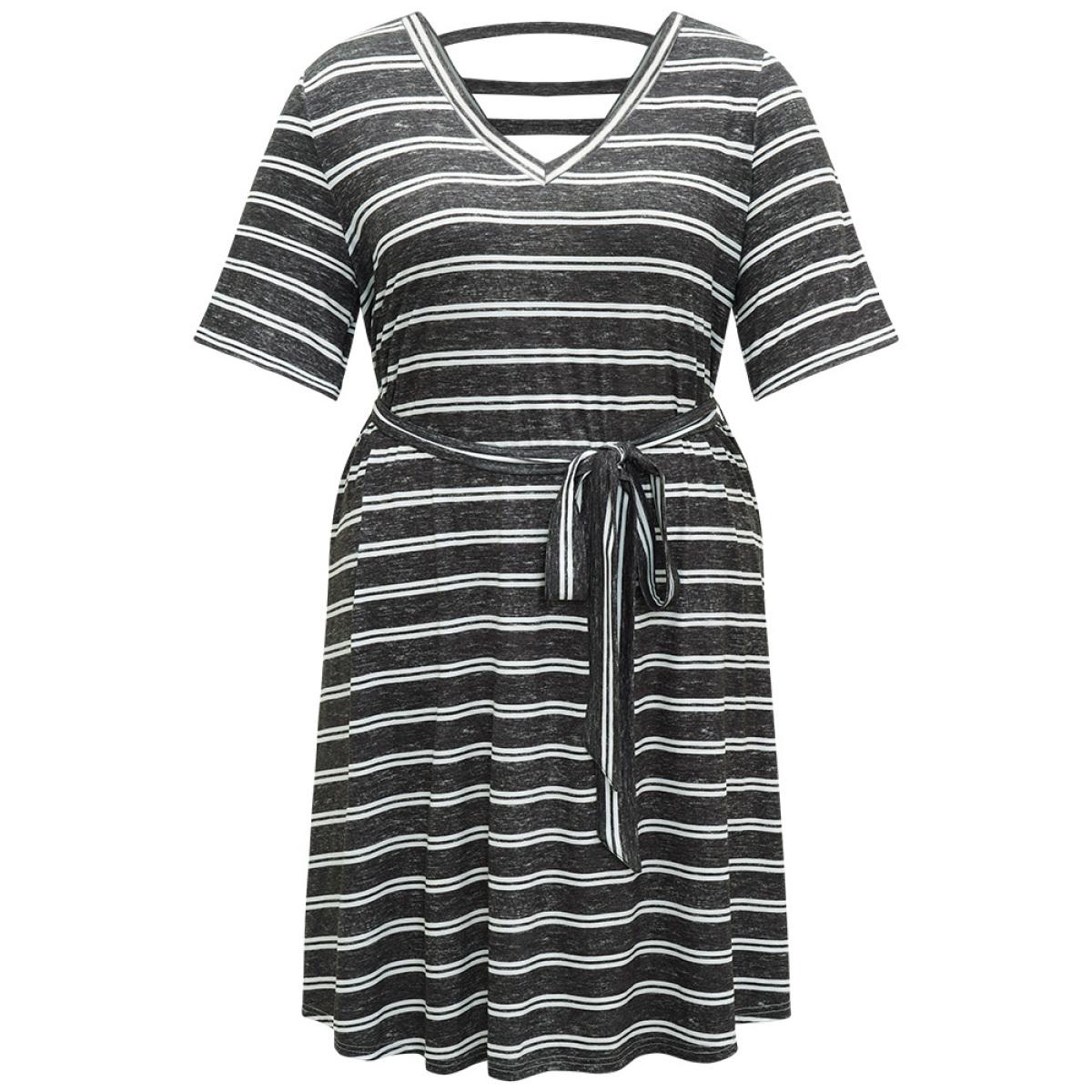 Plus Size Striped V Neck Pocket Belted Back Cut Out Dress Black Women Casual Belted V-neck Half Sleeve Curvy Midi Dress BloomChic 14-16/1X Product Image