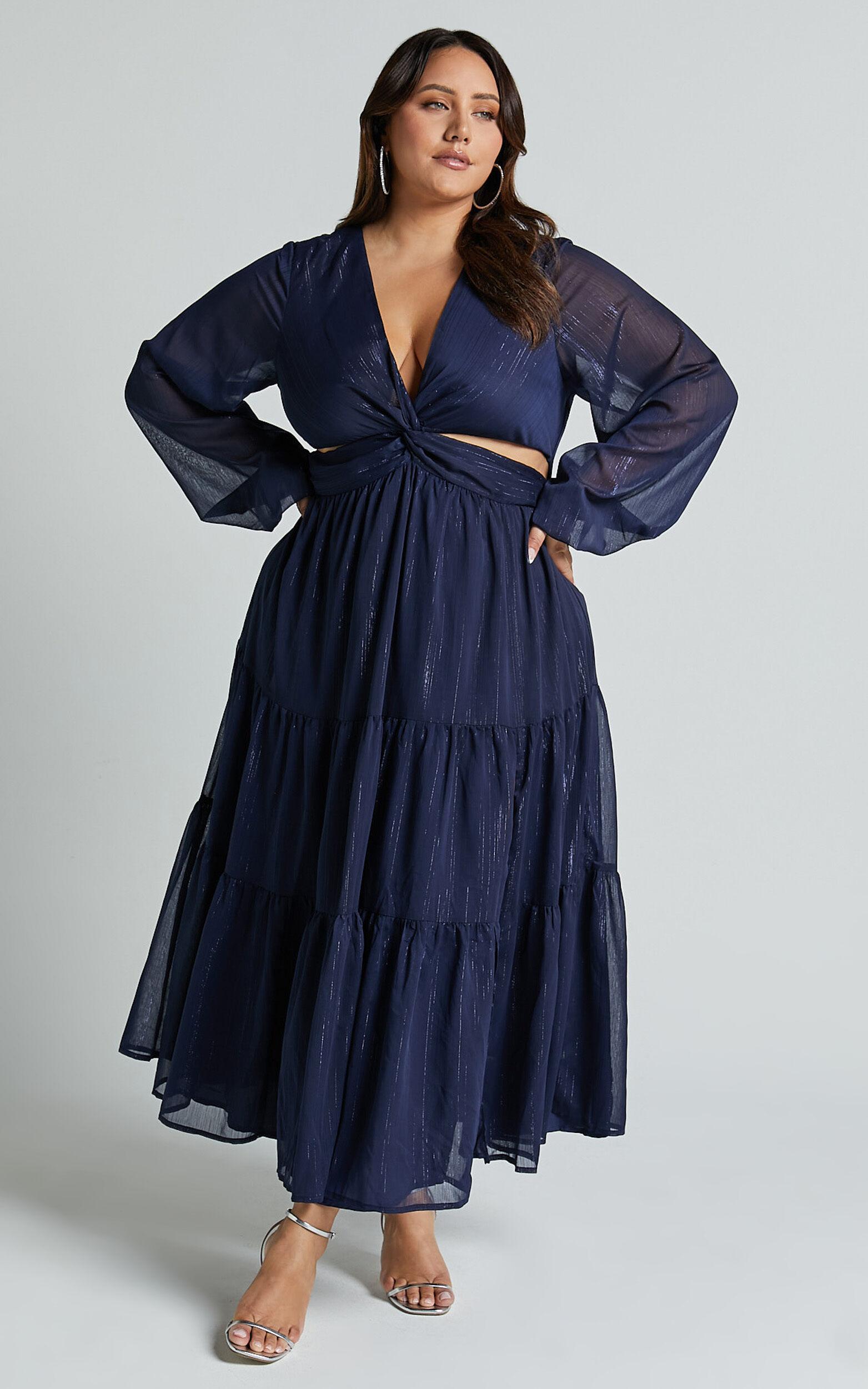 Edelyn Midi Dress - Cut Out Balloon Sleeve Tiered Dress in Navy Product Image