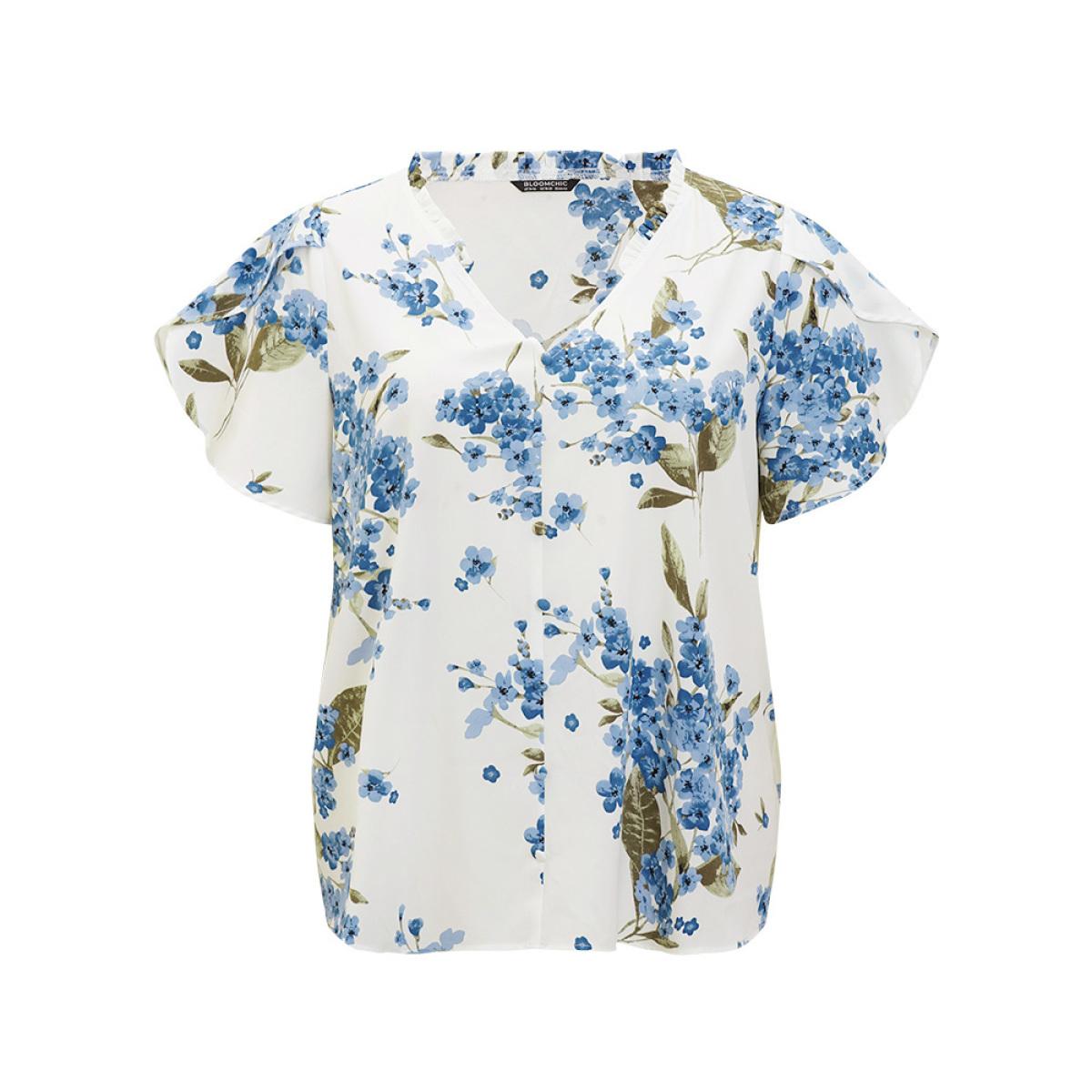 Plus Size White Floral Frill Trim Petal Sleeve Blouse Women Elegant Short sleeve V-neck Dailywear Blouses BloomChic 18-20/2X Product Image