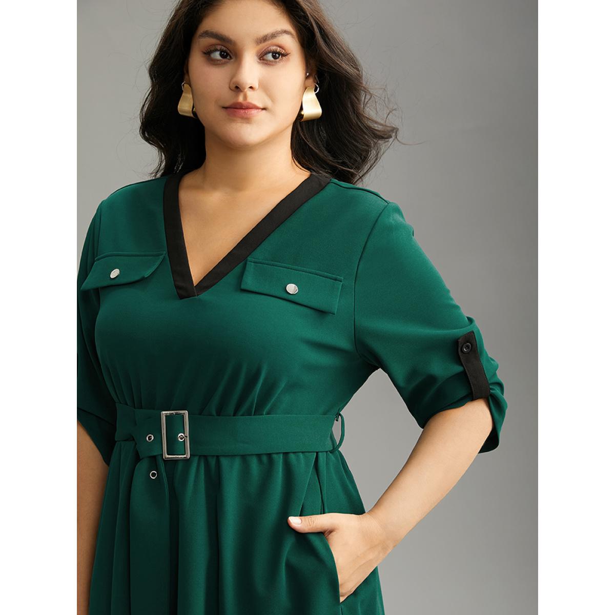 Plus Size Solid Contrast Trim Belted Flap Detail Dress Emerald Women Office Gathered V-neck Elbow-length sleeve Curvy Midi Dress BloomChic 30/6X Product Image