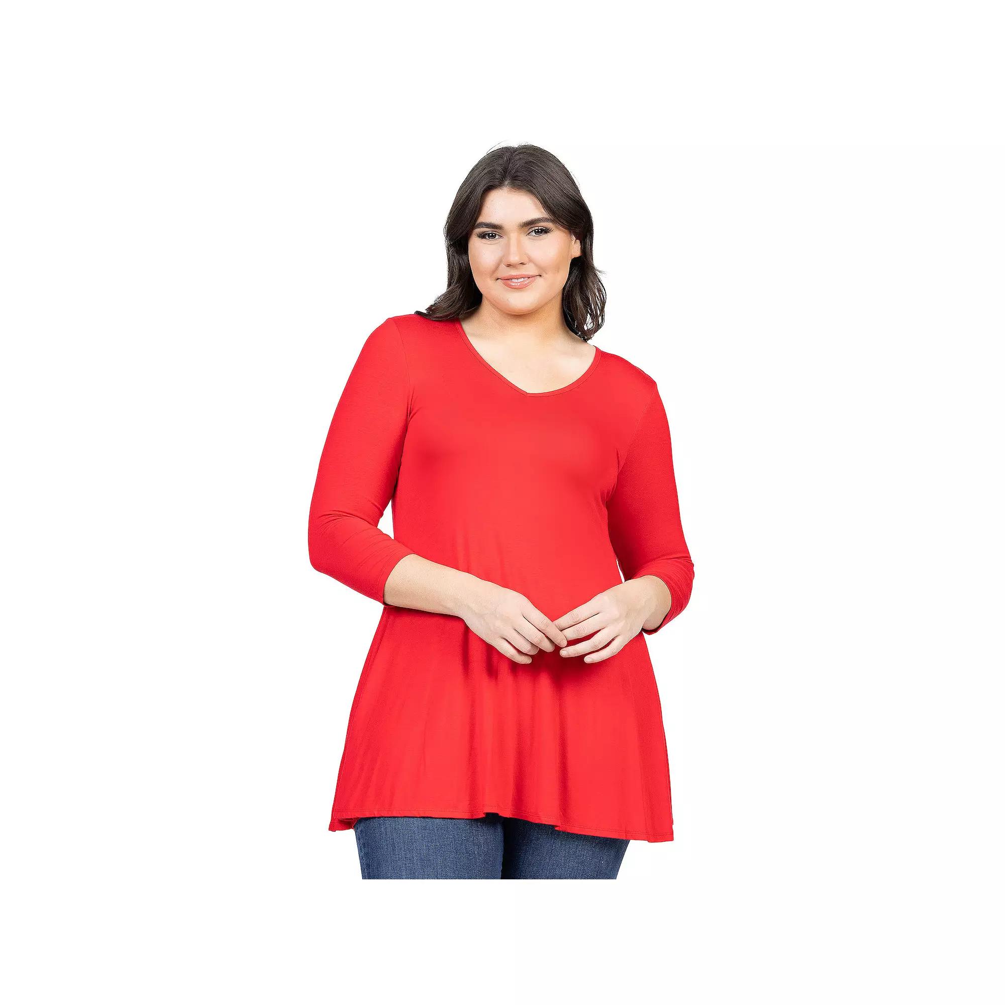 Plus Size 24Seven Comfort Apparel Quarter Sleeve V-Neck Tunic Top, Womens Green Product Image