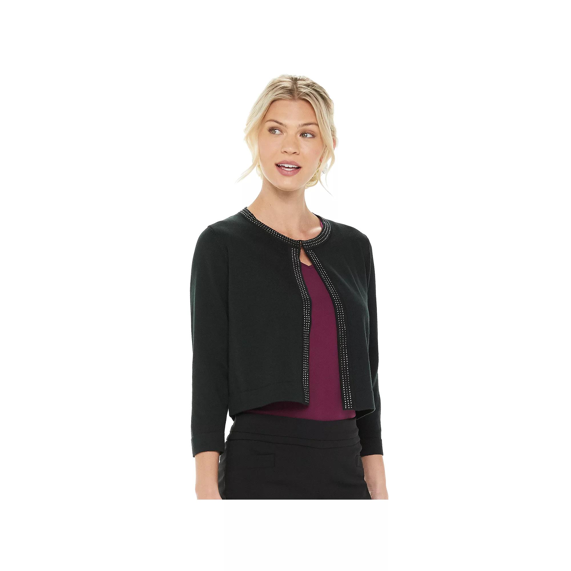 Women's Nina Leonard Embellished Crop Cardigan, Size: Large, Black Product Image