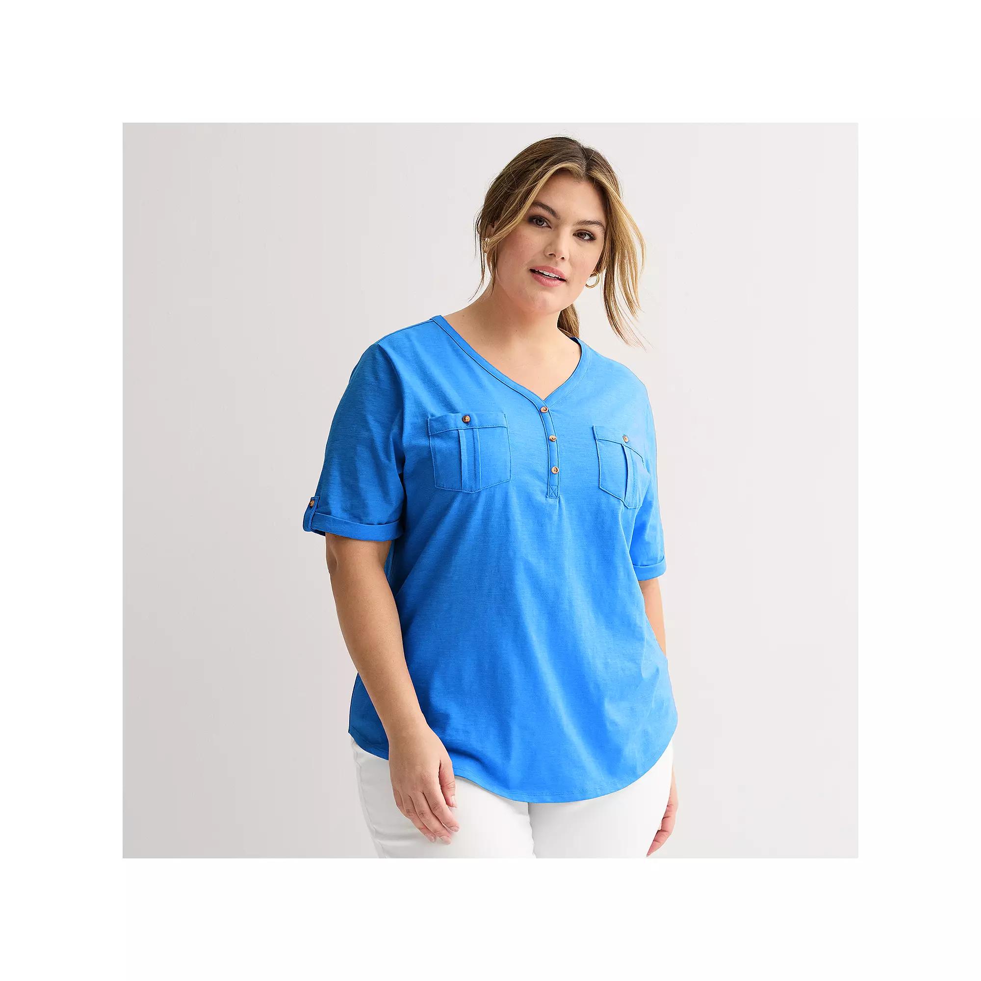 Plus Croft & Barrow Elbow Sleeve Utility Henley Top, Womens Product Image