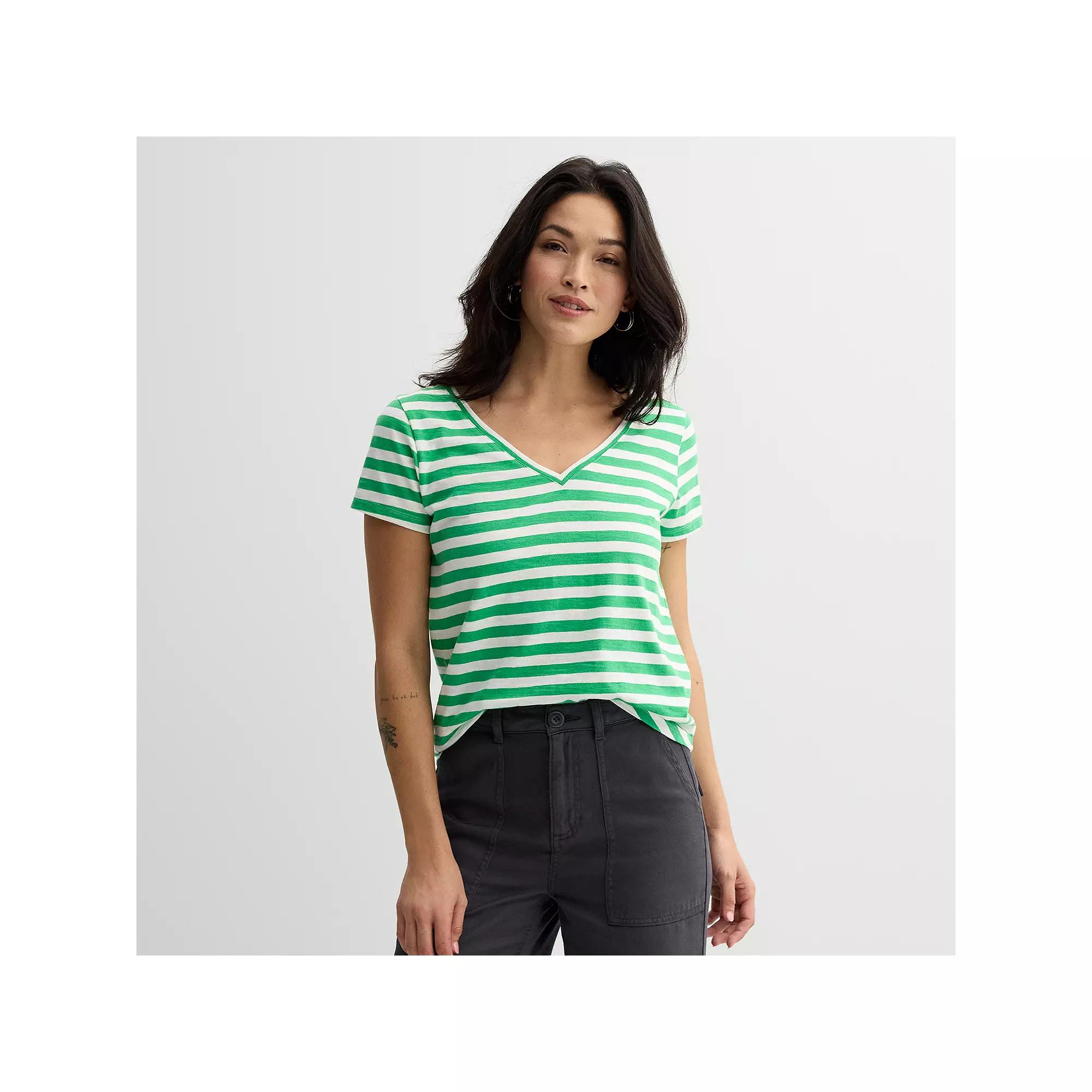 Women's Sonoma Goods For Life® Everyday Short Sleeve V-Neck Tee, Size: XS, Bright Green Stripe Product Image