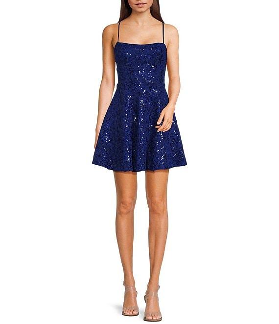 Honey and Rosie Embroidered Sequin Square Neck Spaghetti Strap Criss Cross Back Fit & Flare Dress Product Image