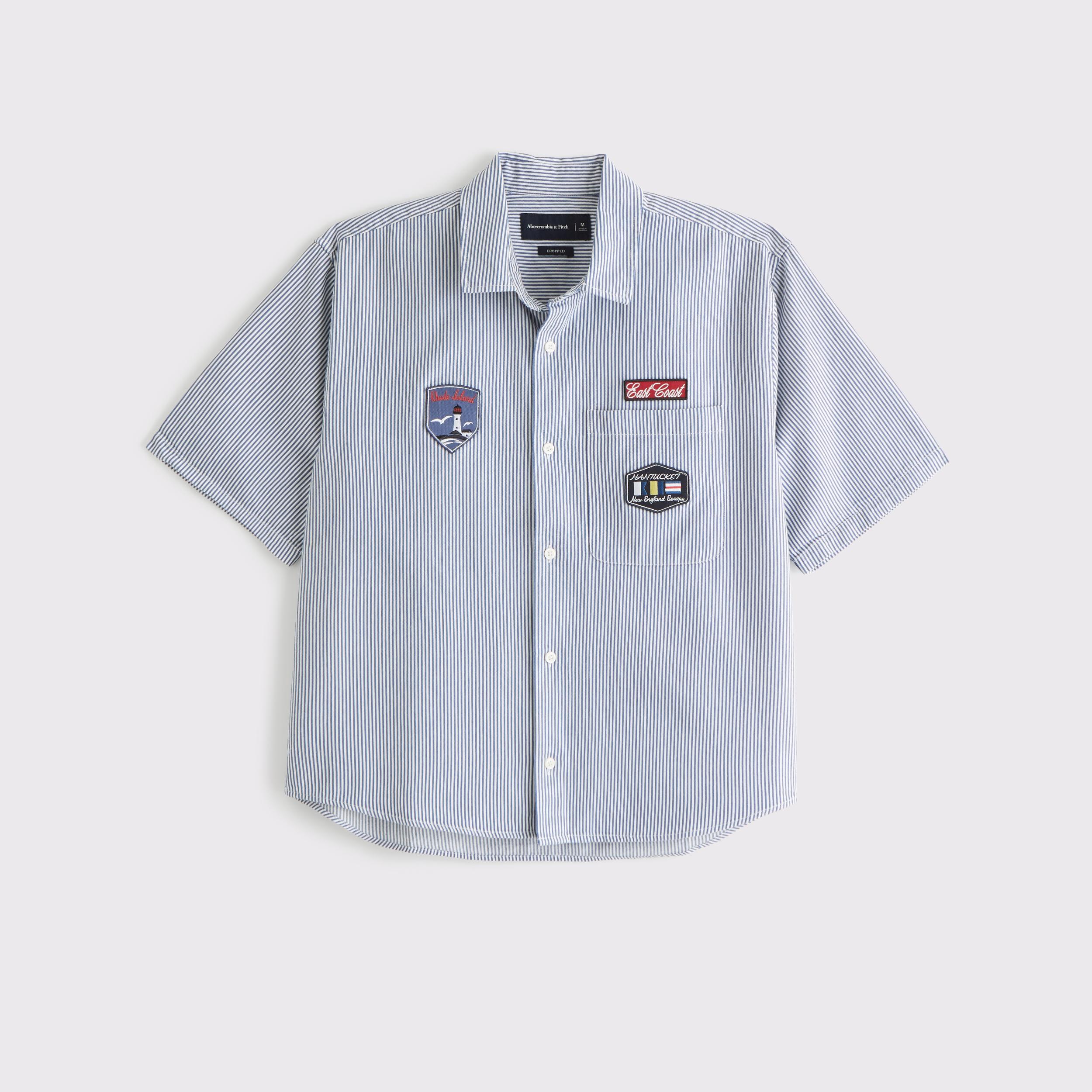 Short-Sleeve Cropped Graphic Workwear Button-Up Shirt Product Image