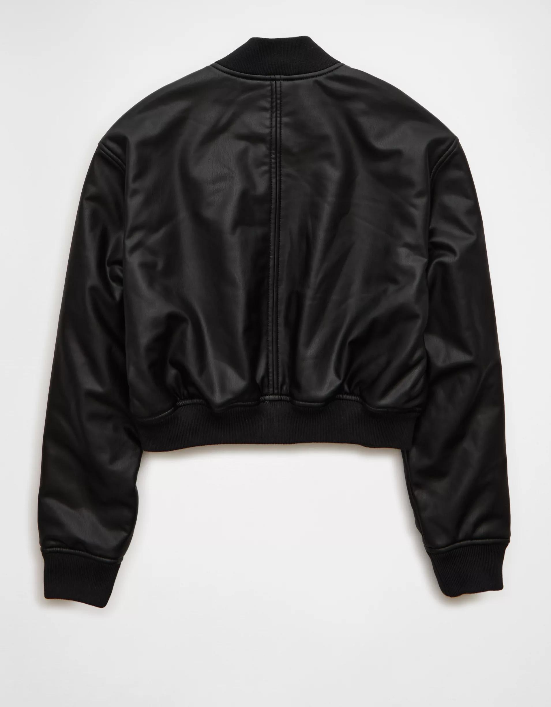 AE Faux Leather Cropped Bomber Jacket Product Image