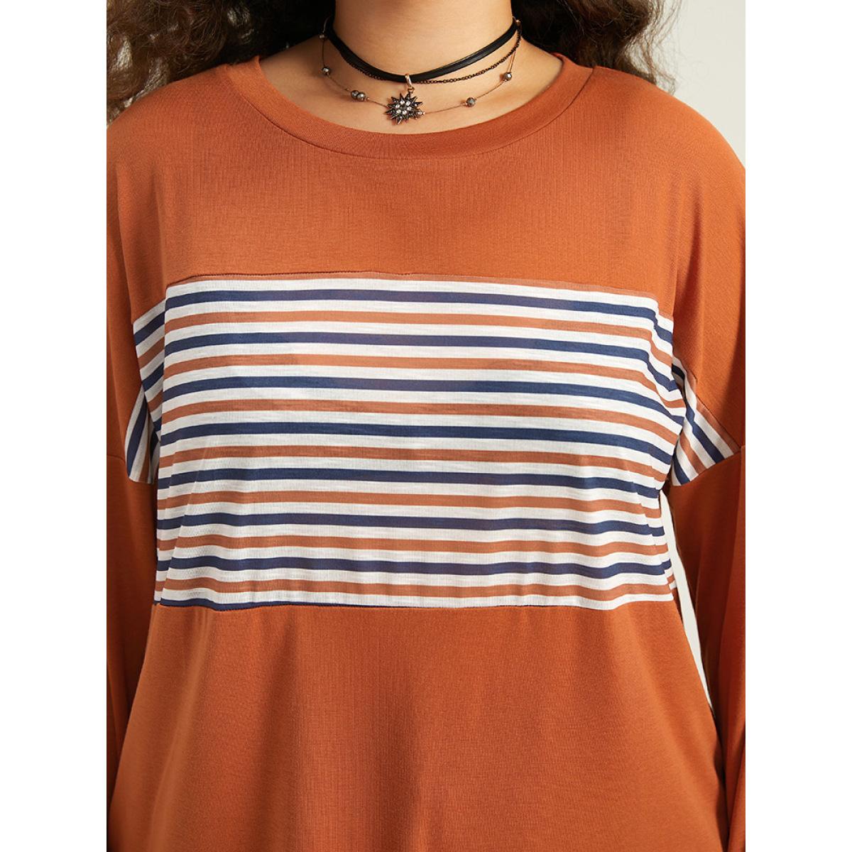 Plus Size Halloween Striped Patchwork Round Neck Drop Shoulder T-shirt Chocolate Women Casual Contrast Striped Round Neck Festival-Halloween T-shirts BloomChic 22-24/3X Product Image