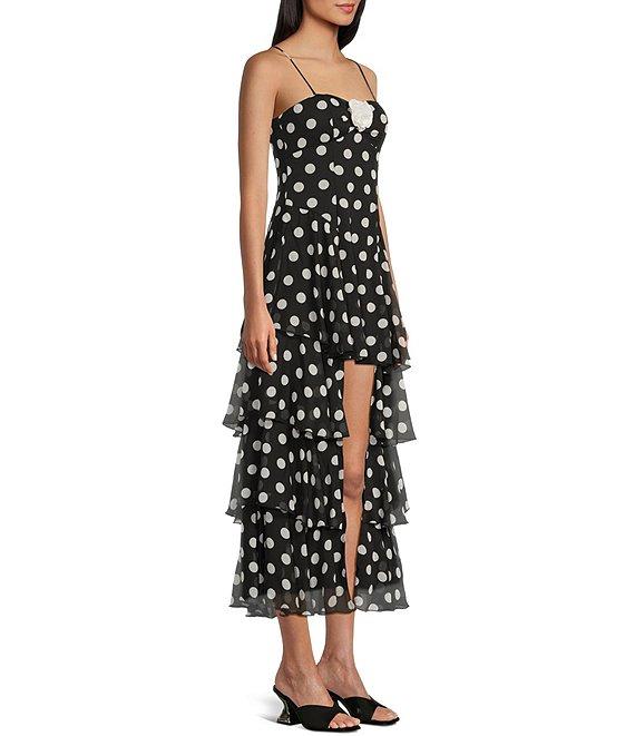 City Vibe Polka Dot Bandeau Bodice Spaghetti Strap Rosette Front High-Low Ruffled Tiered Dress Product Image