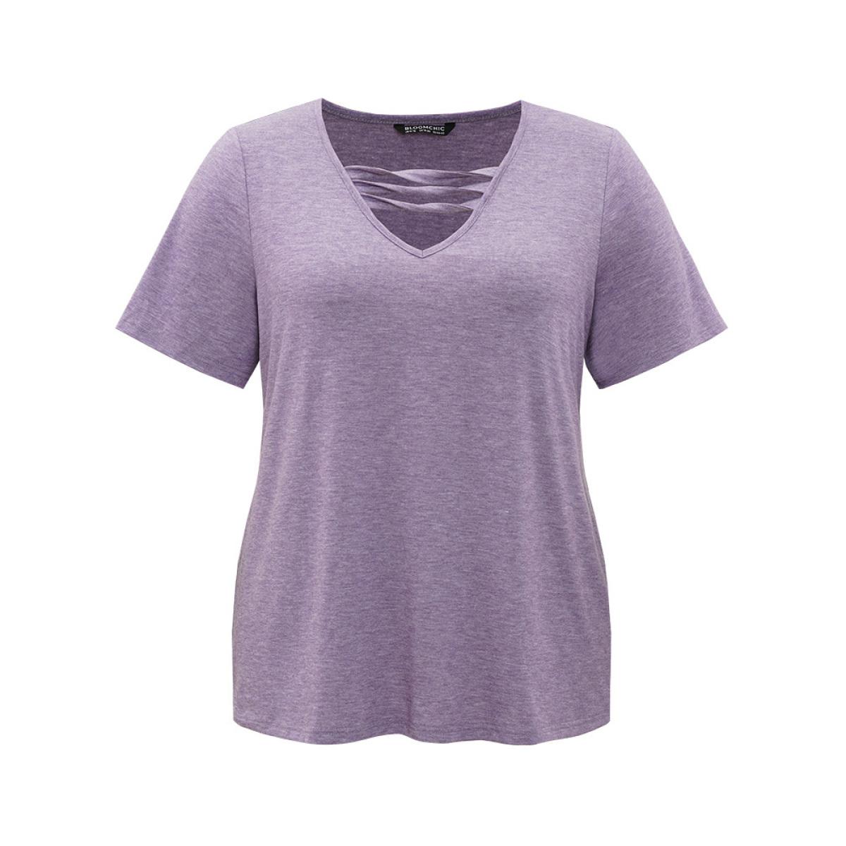 Plus Size Plain Heather V Neck Cut Out Twist T-shirt Mauve Women Casual Plain Plain V-neck Dailywear T-shirts BloomChic 28/5X Product Image