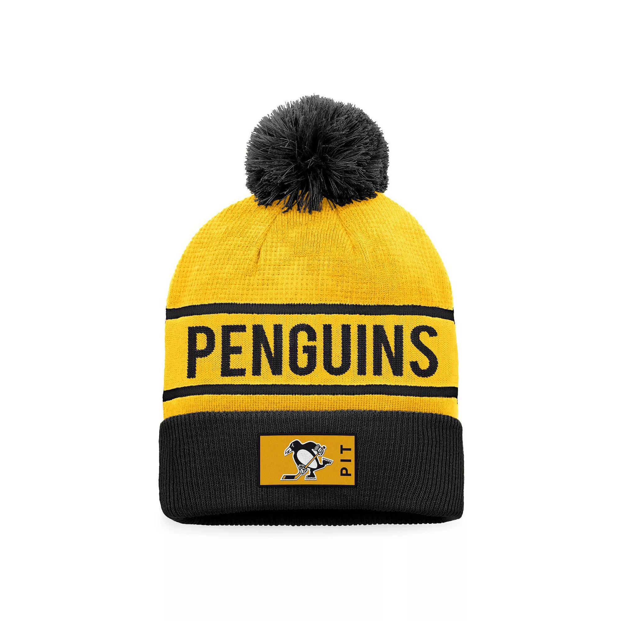 Men's Fanatics Branded Gold/Black Pittsburgh Penguins Authentic Pro Alternate Logo Cuffed Knit Hat with Pom Product Image