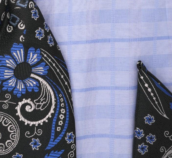 Blue Tone-on-tone Check Dress Shirt Set with Tie and Handkerchief Product Image