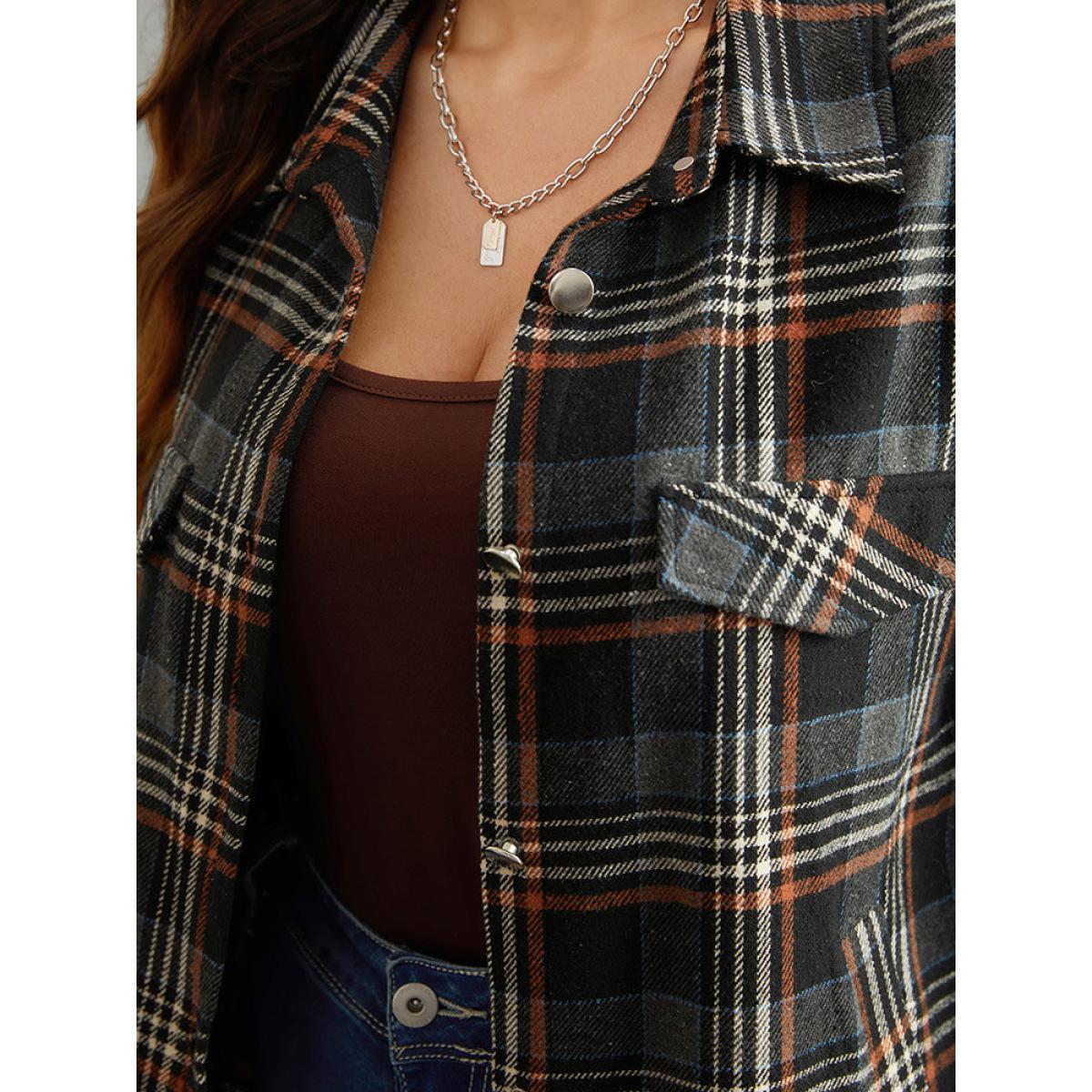 Plus Size Plaid Button Fly Flap Pocket Shacket Women Black Contrast Pocket Dailywear Jackets BloomChic 14-16/1X Product Image