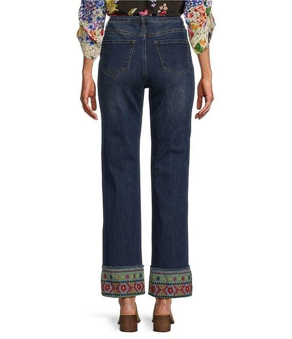 John Mark Petite Size Embroidered Hem Straight Leg Jeans Product Image