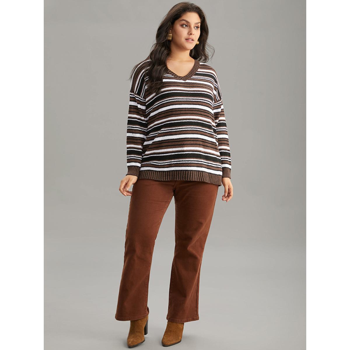 Plus Size Striped Contrast Crew Neck Drop Shoulder Pullover DarkBrown Women Casual Loose Long Sleeve V-neck Everyday Pullovers BloomChic 10/M Product Image
