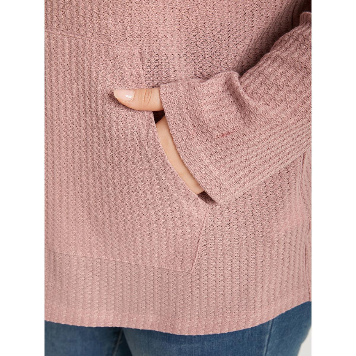 Plus Size Plain Waffle Knit Pocket Drawstring Hooded Sweatshirt Women Pink Casual Plain Hooded Dailywear Sweatshirts BloomChic 14-16/1X Product Image