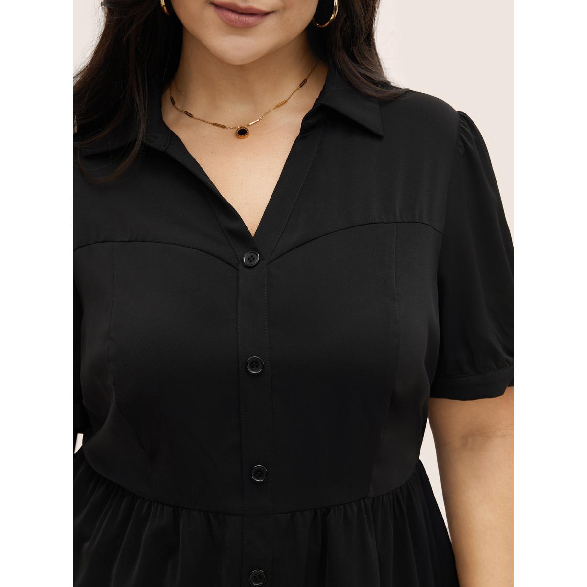 Plus Size Black Shirt Collar Solid Button Detail Gathered Blouse Women At the Office Short sleeve Shirt collar Work Blouses BloomChic 14-16/1X Product Image