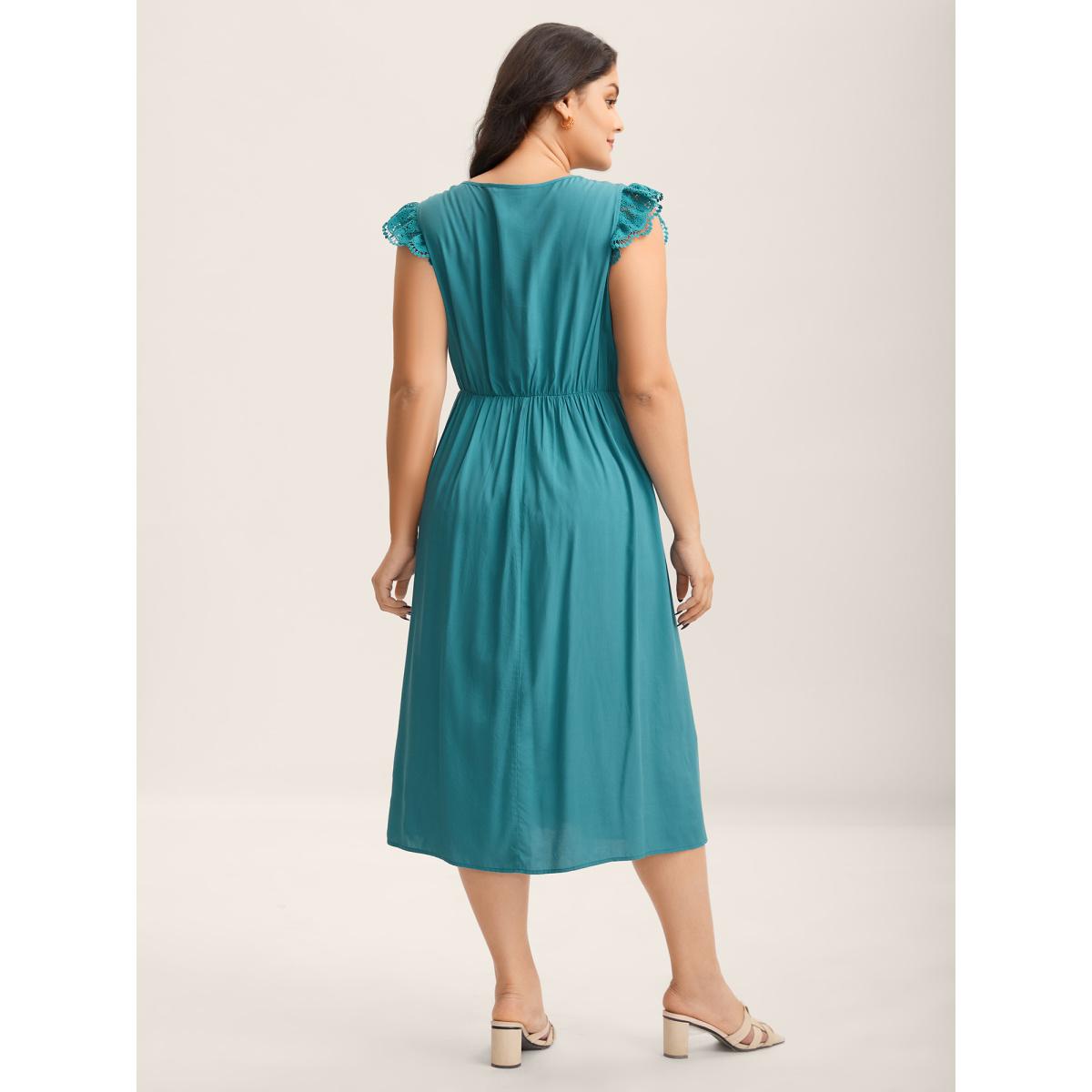 Plus Size Lace Detail Pockets Flutter Sleeve Midi Dress Turquoise Women V-neck Cap Sleeve Curvy BloomChic 10/M Product Image